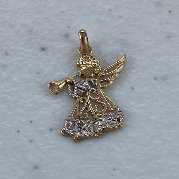 Vintage Jewelry - 10k Solid Yellow & White Gold Angel Playing the Trumpet Pendant